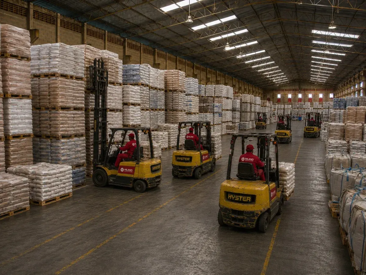 Interior do armazém geral da Inland com carga paletizada
