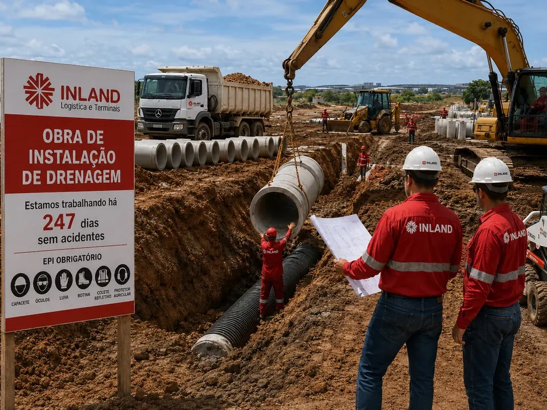 Equipe da Inland em obra de instalação de drenagem