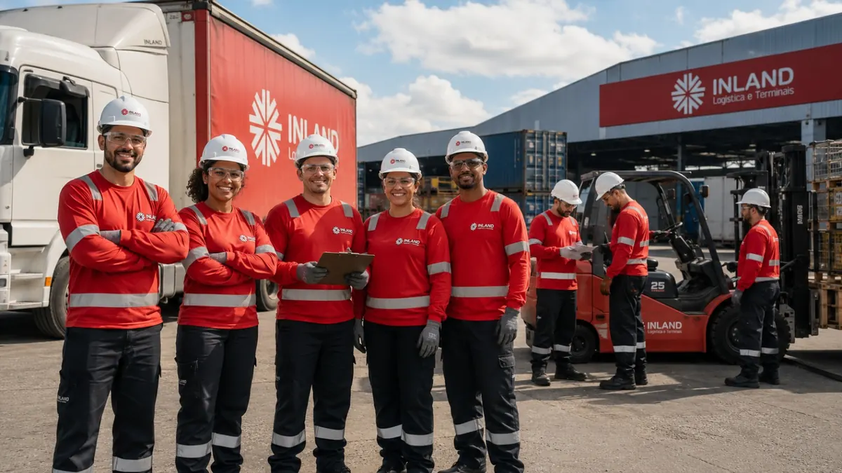 Equipe própria da Inland uniformizada em pátio de operação logística